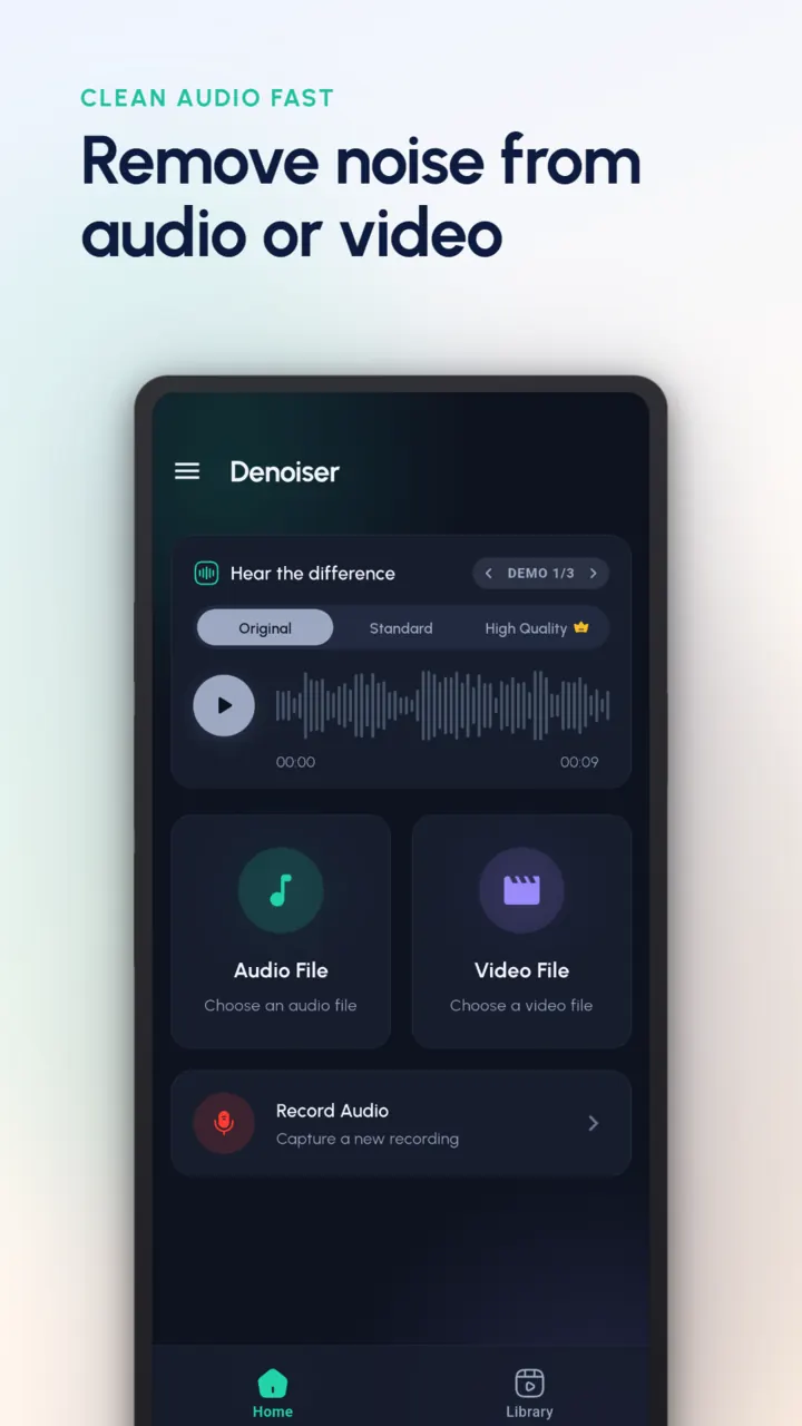 Denoiser app screen for cleaning background noise from audio or video