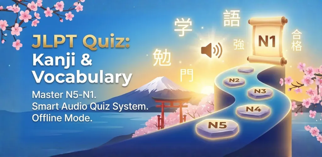 JLPT Quiz feature graphic showing N5 to N1 learning path